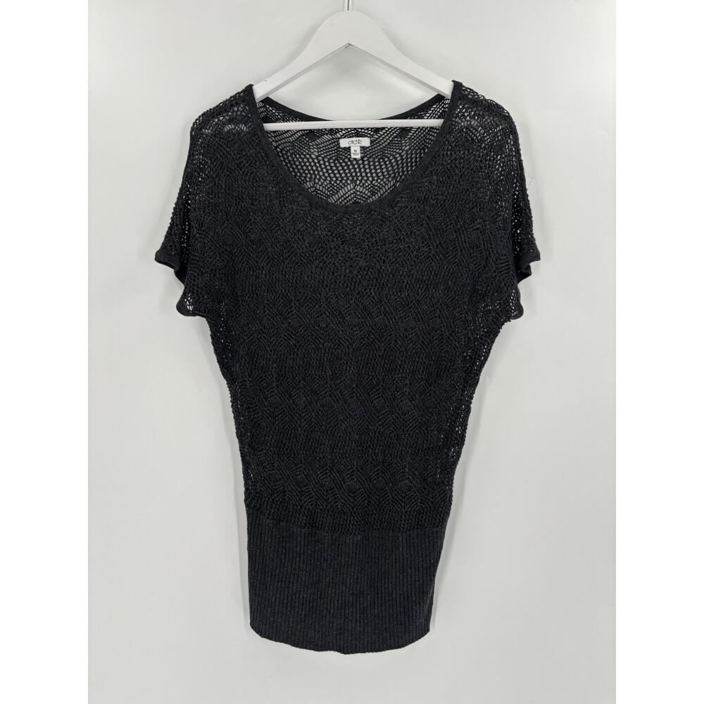 Cache Sweater Top Womens Medium Gray Crochet Knit Short Sleeves Metallic Scoop